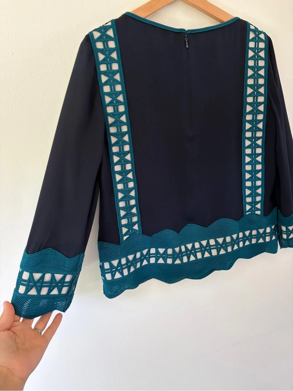 Tory Burch Germaine Boat Neck Embroidered Navy Blue & Teal Long Sleeve Silk Top